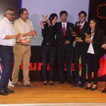 Winners of Ground Zero Team Stark Zero from Symbiosis Institute of Business Management being awarded by Kishore Biyani and Rajeev Biyani,  Future Group